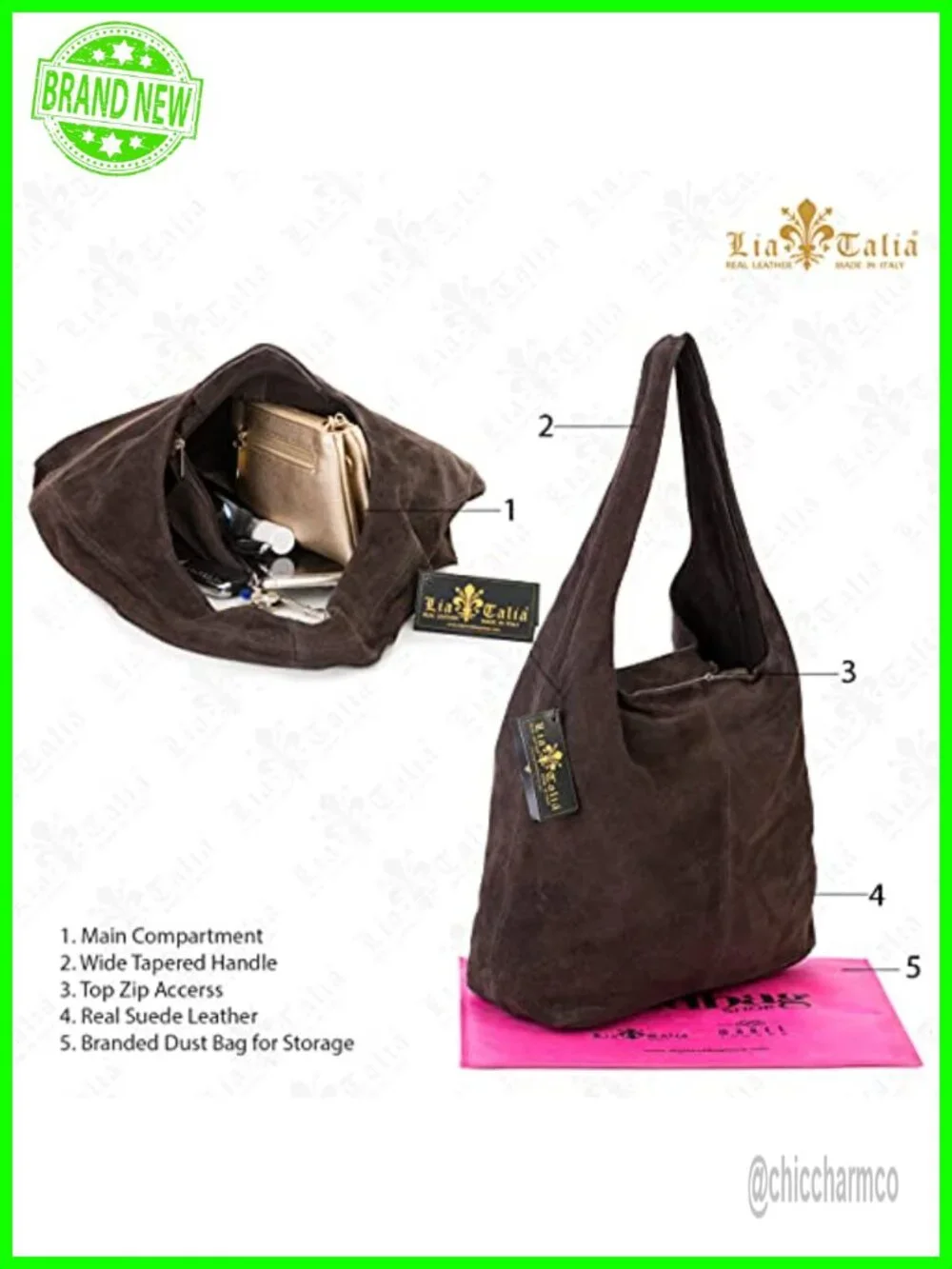 Genuine Italian Suede Hobo Bag Large Slouch Shoulder Tote Zip Closure